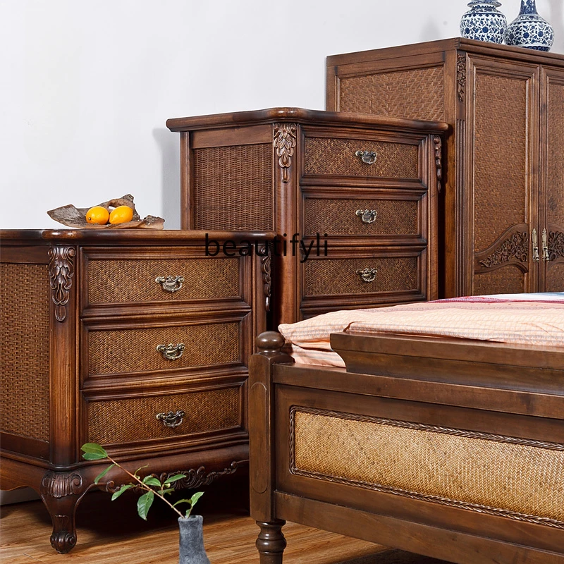 Chest of Drawers Solid Wood Real Rattan Woven Chinese Style Locker Master Bedroom Storage Chest of Drawer