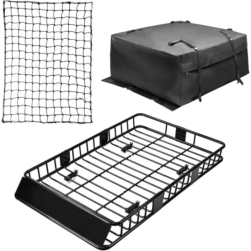 Roof Rack Cargo Basket Set, Cargo Carrier Bag Cubic Feet Capacity with Car Top Luggage Holder Adjustable Length