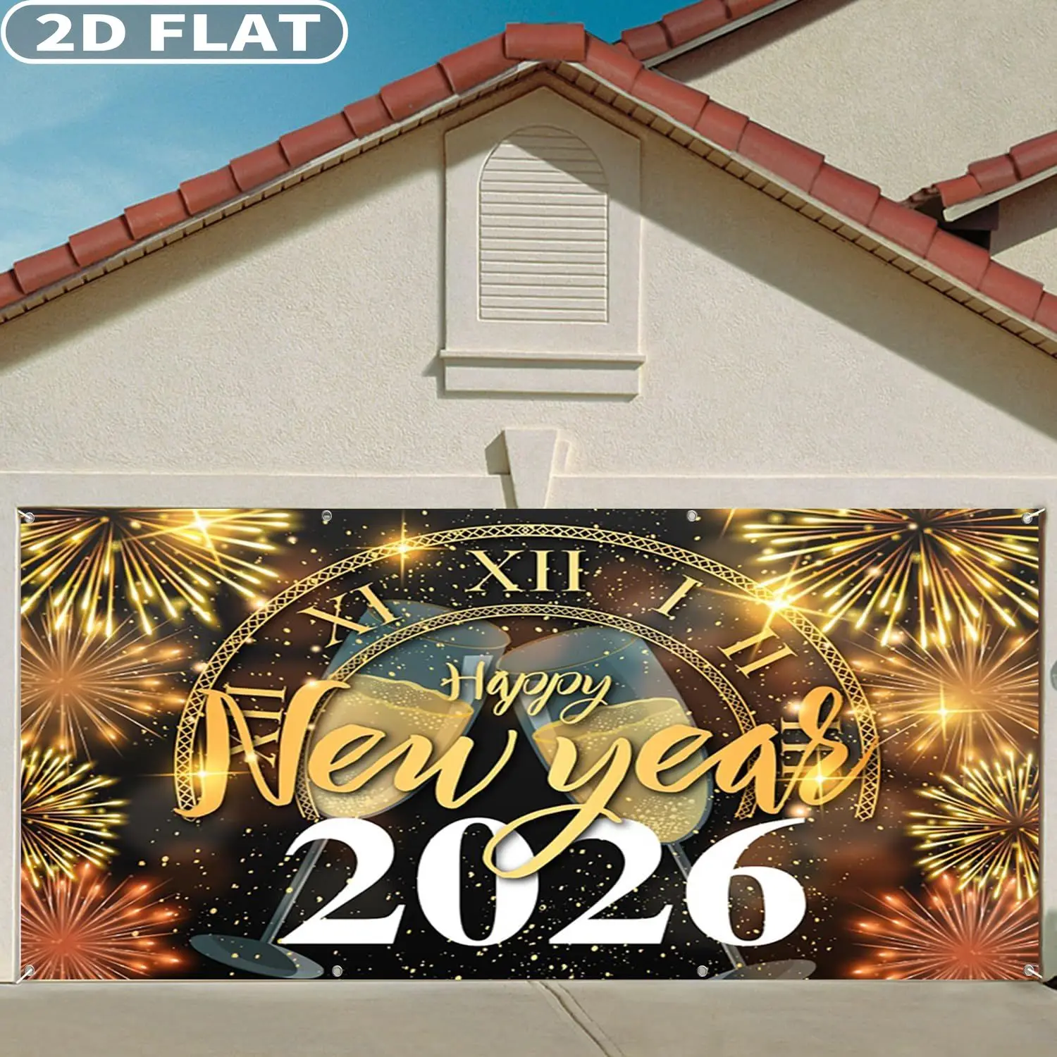 1pc 6x13ft New Year 2026 Party Garage Door Decor Polyester Golden Classical Clock Champagne Glasses Sparkling Garage Door Cover