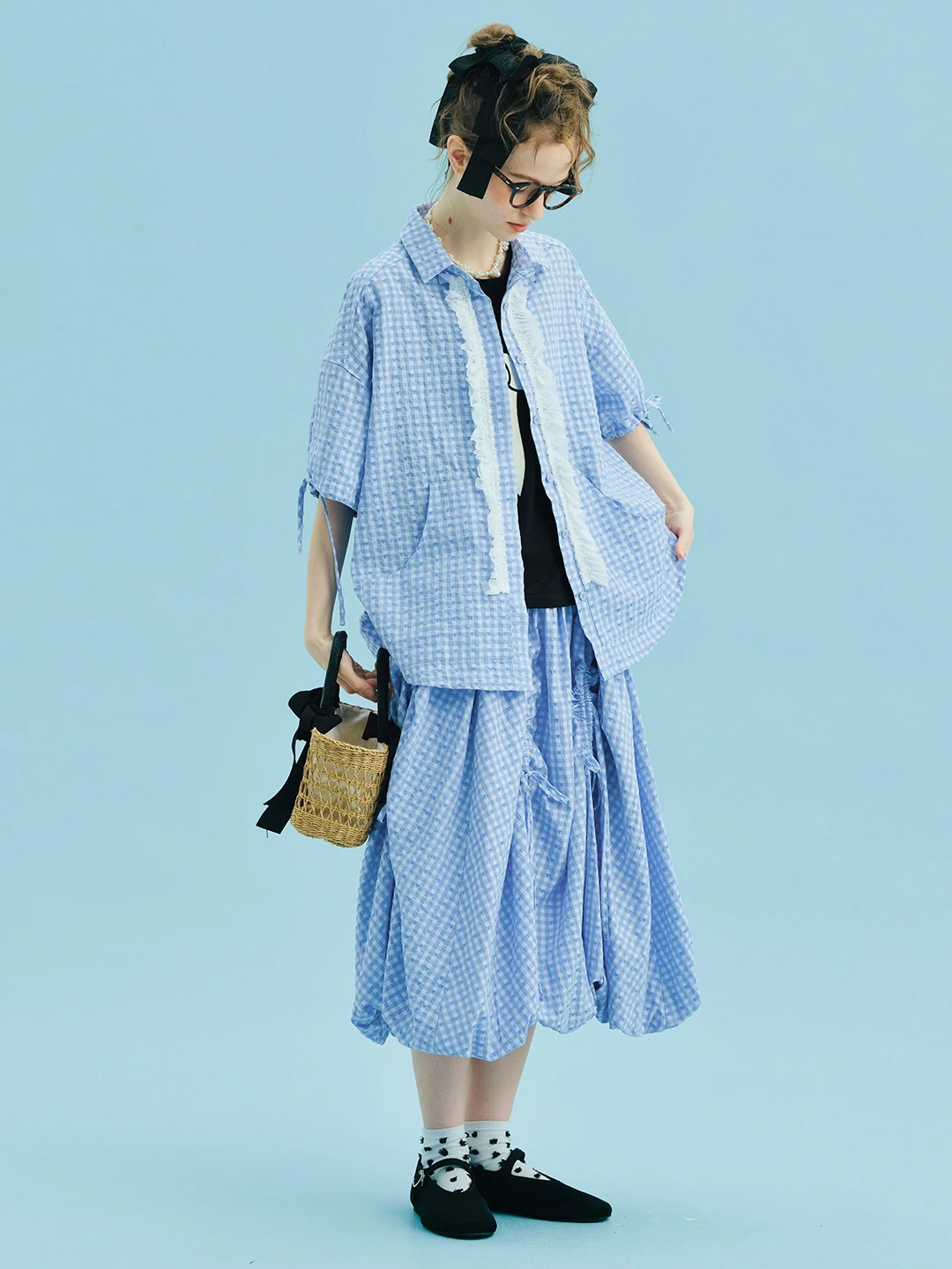 2025 New Checkered Blouse Adjustable Cuffs Coastal Summer Blue White Versatile Daily Tops 255062