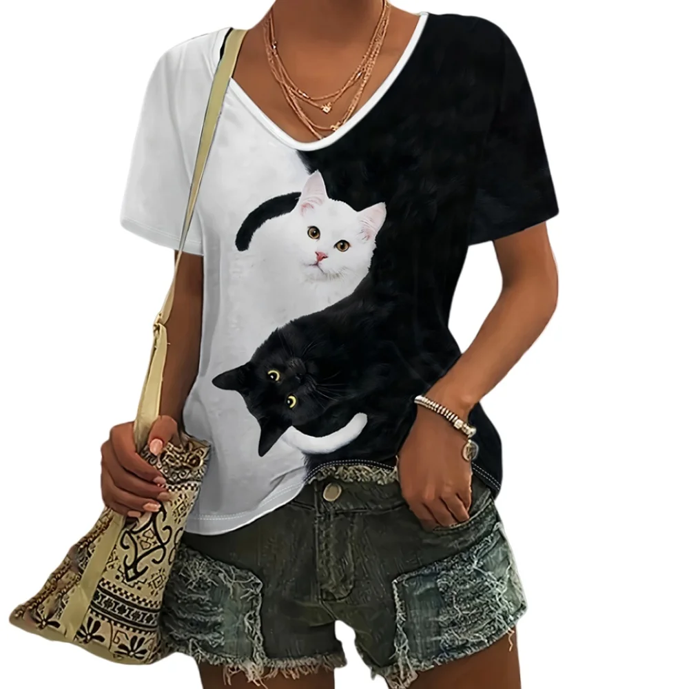 

Summer Ladies Cat Pattern V-Neck T-Shirt Women's Animal Graphic Tee Shirt Short Sleeve Casual Fashion Top