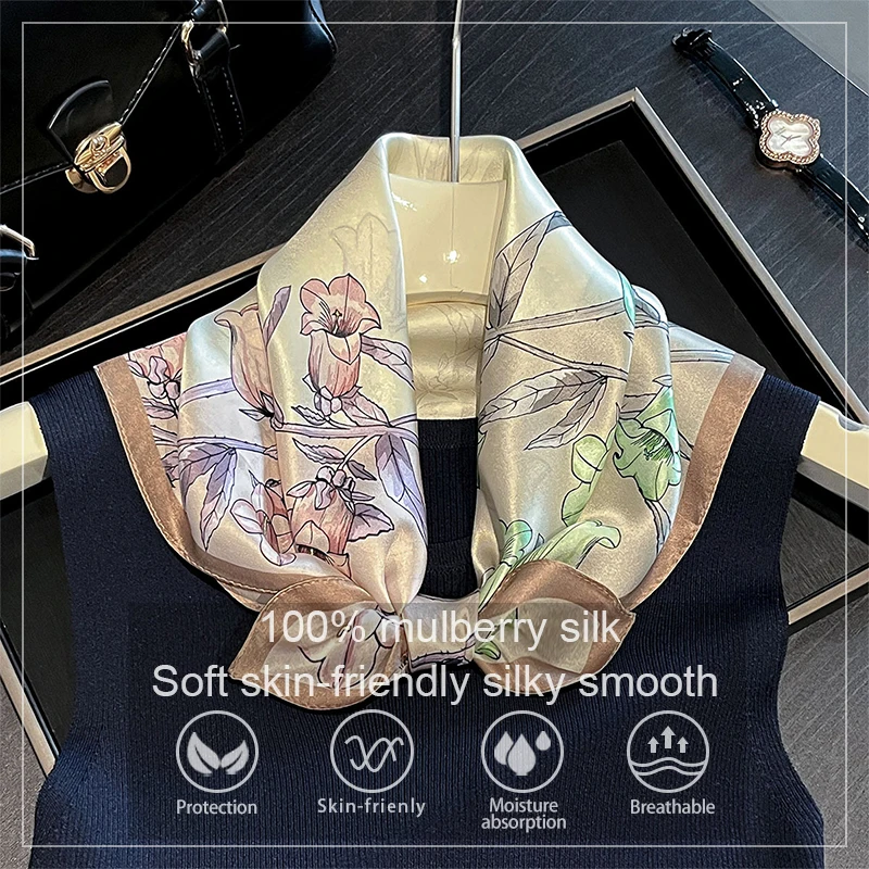 

Шелковый платок-бандана из 100% шелка для женщин, квадратный шарф-косынка с цветочным узором, шелковый платок из тутового шелкопряда, весенняя модная роскошная повязка на голову, хиджаб