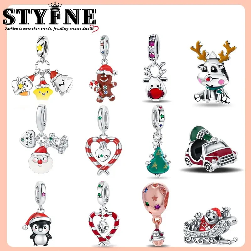 925 Sterling Silver Red Nose Reindeer Murano Dangle Charm Beads Symbols Fashion Jewelry Accessories