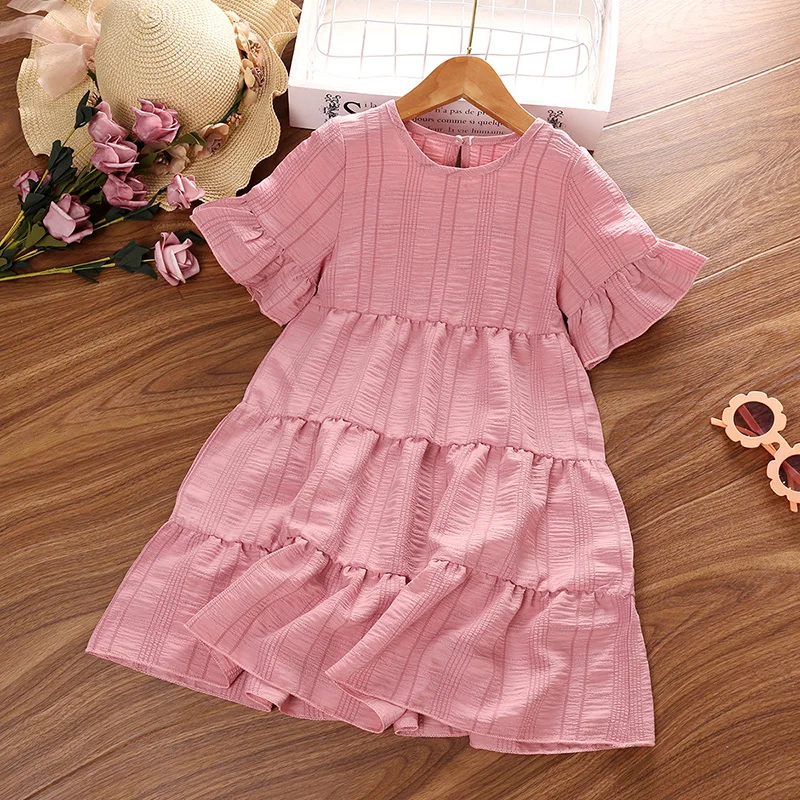 

Girls Pink round Neck Ruffle Short Sleeve Knee Length Skirt Summer Sweet Elegant Ladylike Everyday Clothing for Ages 4-7