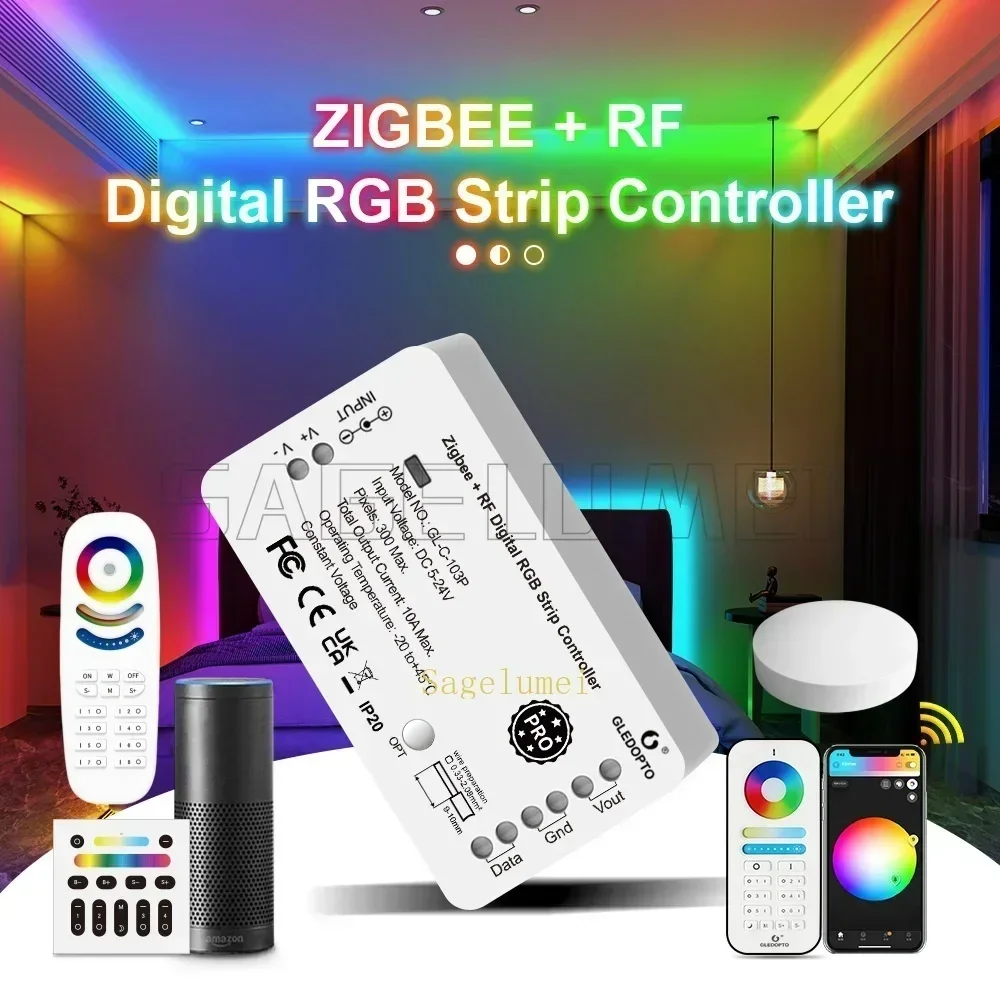 Gledopto DC5-24V LED Pixel Controller Addressable Strip Light Dynamic Lighting Effect For WS2811/2812 Flexible RGBIC ZigBee RF