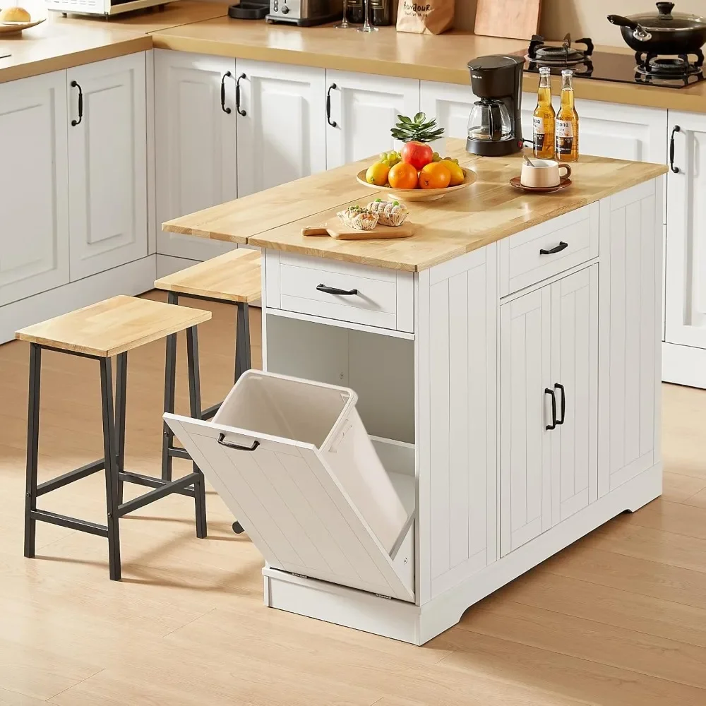 

Stationary Kitchen Islands Include 2 Chairs, Kitchen Island with Drop Leaf, Home Bar Table with Spice Rack & with Trash Cabinet