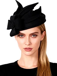 FS Wool Felt Fascinators Hats For Women Elegant Flower Black Pillbox Hat Vintage Wedding Dress Fedoras Church Ladies Formal Caps