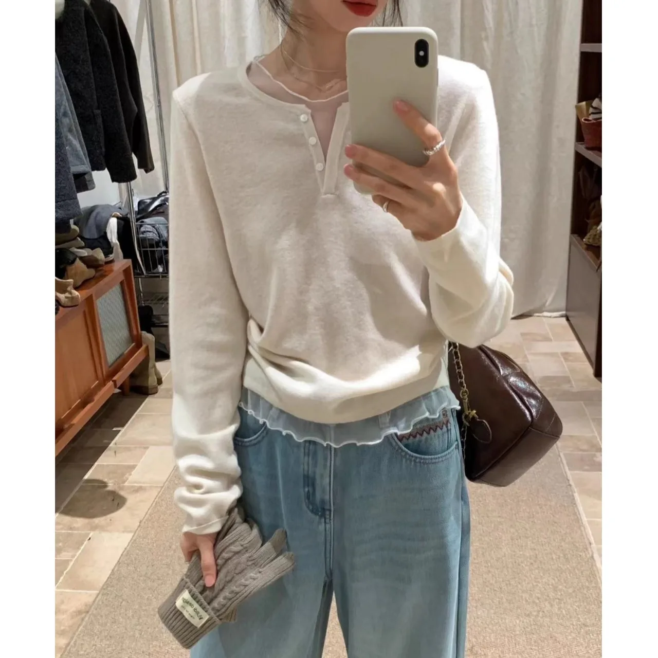 

Women's Early Autumn V-ne Long Sve Lace Splicing Knitted Sweater Beautiful Korean Sle White Lace Patchwork Base irt