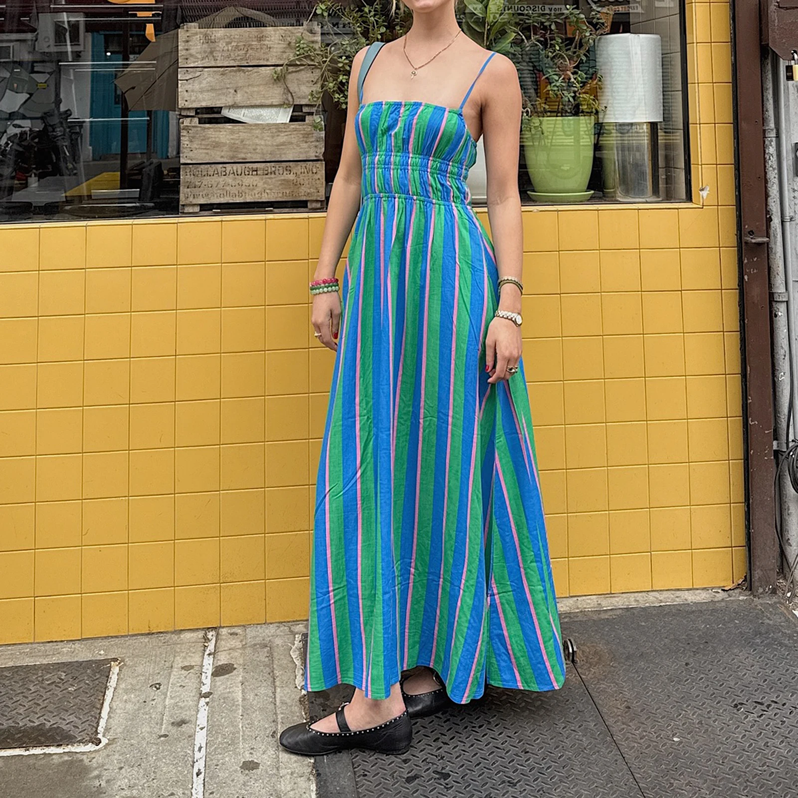 Combhasaki Abito lungo da donna estivo con tracolla sottile regolabile Y2K a righe/punte con stampa smock collo quadrato senza schienale a trapezio
