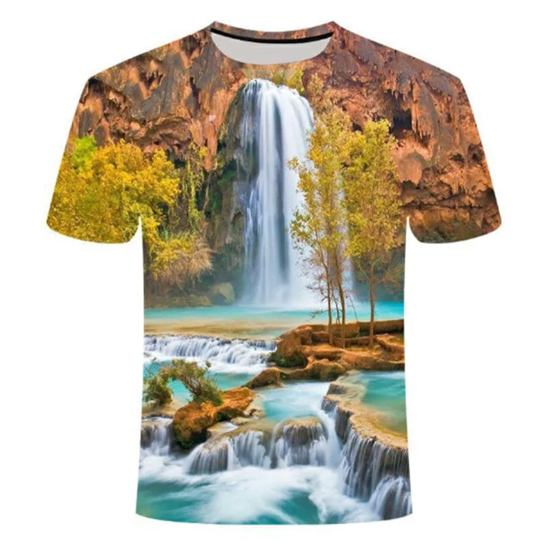 Summer Men New Natural Scenery Waterfall 3D Printed T-shirts