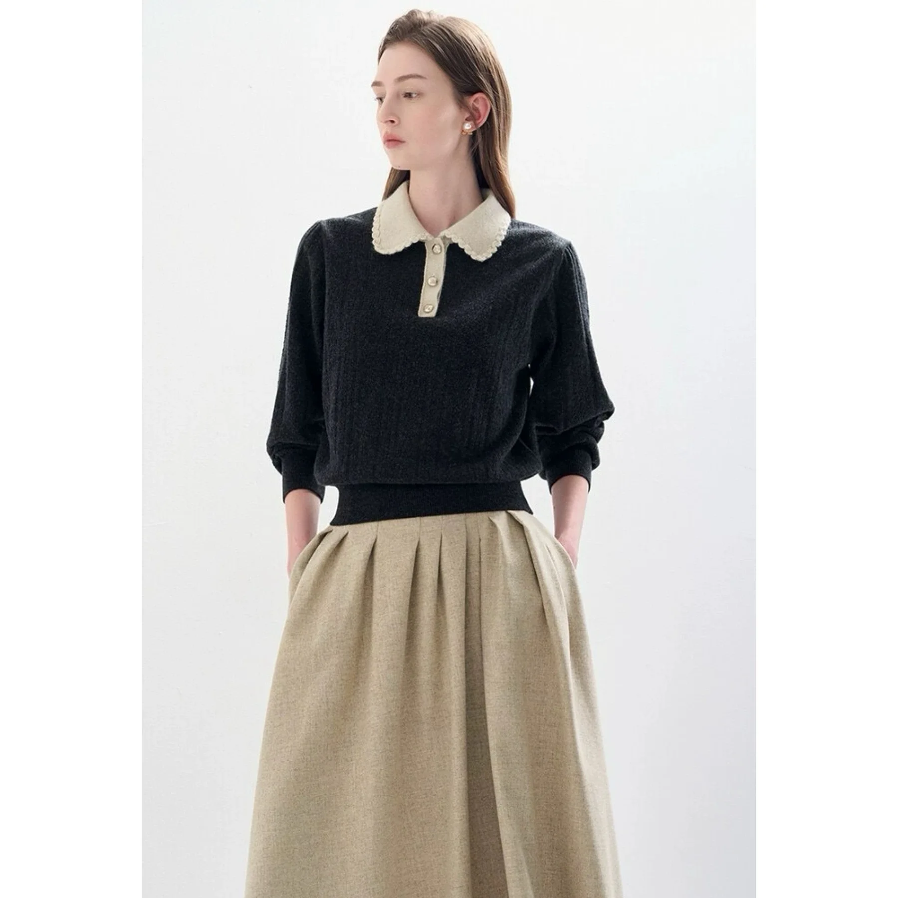 

Lemon Cheese LAN25 Winter Knitted Woolen irt Collar Hollow out Pattern Color Blo Versatile Commute Sle Long Sve