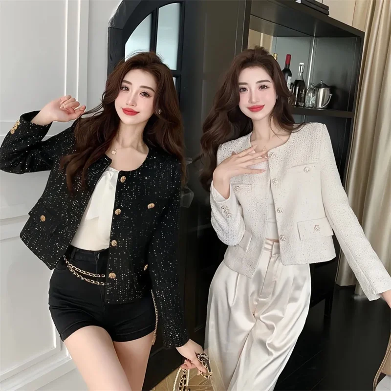 Xiaoxiangfeng Coat Women 2025Spring Autumn New Tweed Jacket Korean Fashion Outerwear Temperament High Quality Ladies Outcoat Top