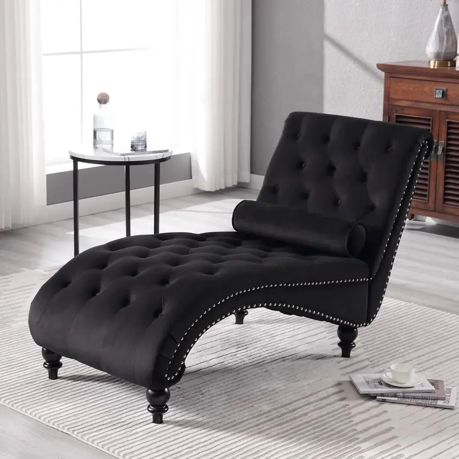 Velvet Chaise Lounge Indoor,ButtonTufted Upholstered Chaise Lounge Chair with Pillow for Bedroom Living Room Office, Custom