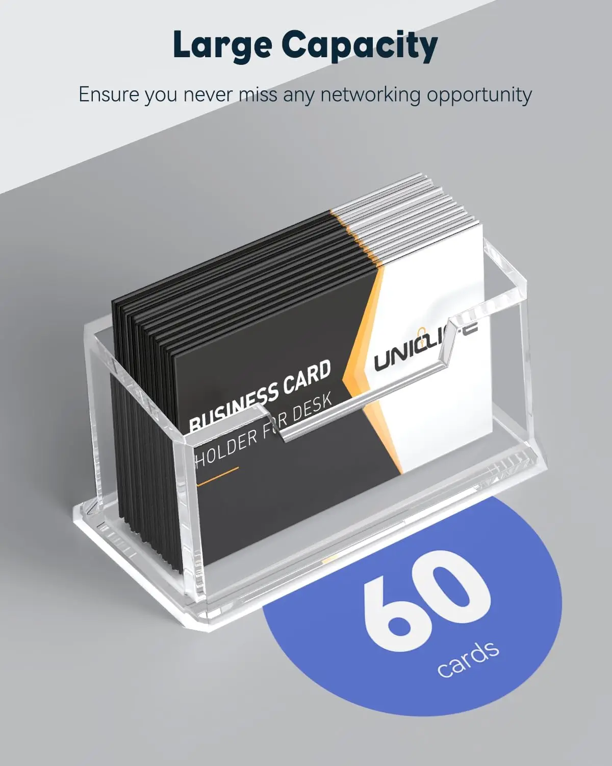 Clear Acrylic Desk Business Card Holder, 60 Card Capacity Display Stand, Office Home Exhibition Card Organizer for Men Women