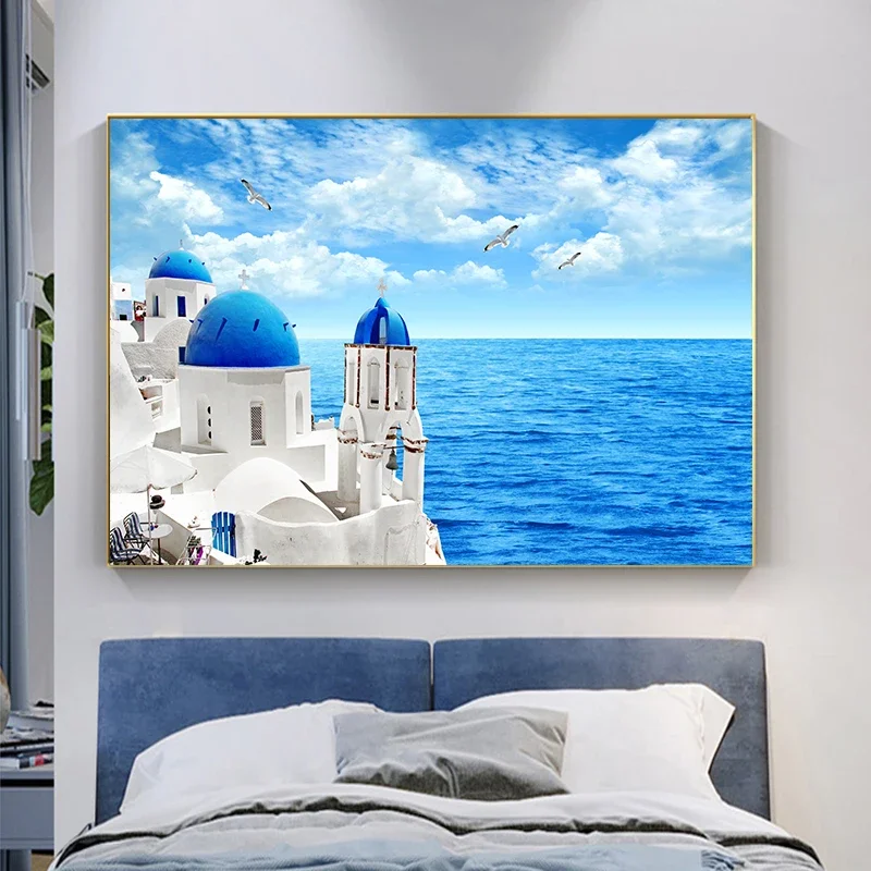 Pintura en lienzo de paisaje marino azul nórdico, arte de pared de Santorini, paisaje de mar azul y cielo, carteles e impresiones para el hogar de la sala de estar