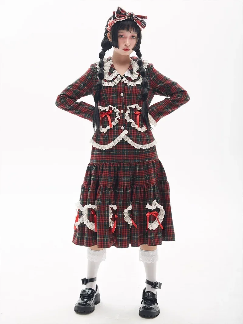 2024 New Japanese Autumn Original Design Sense Retro Red Plaid Suit Top Bow Lolita Cute Niche Fashion Versatile Coat For Women