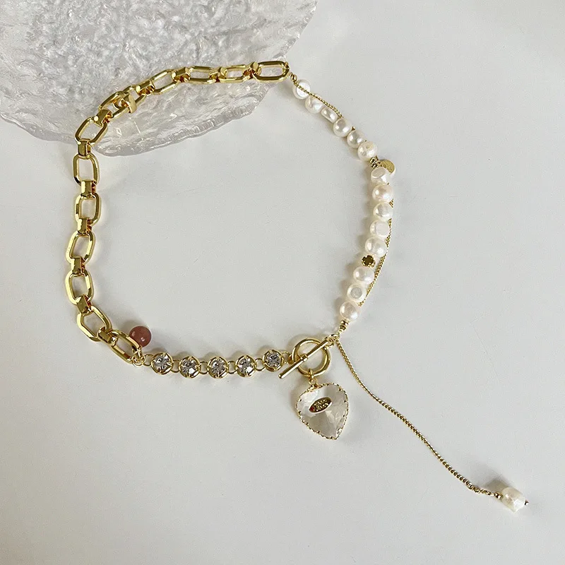 100% Natural Freshwater Pearl 14K Gold Filled Elegant Shiny Crystal Love Heart Ladies Necklace For Women Wedding Gifts No Fade