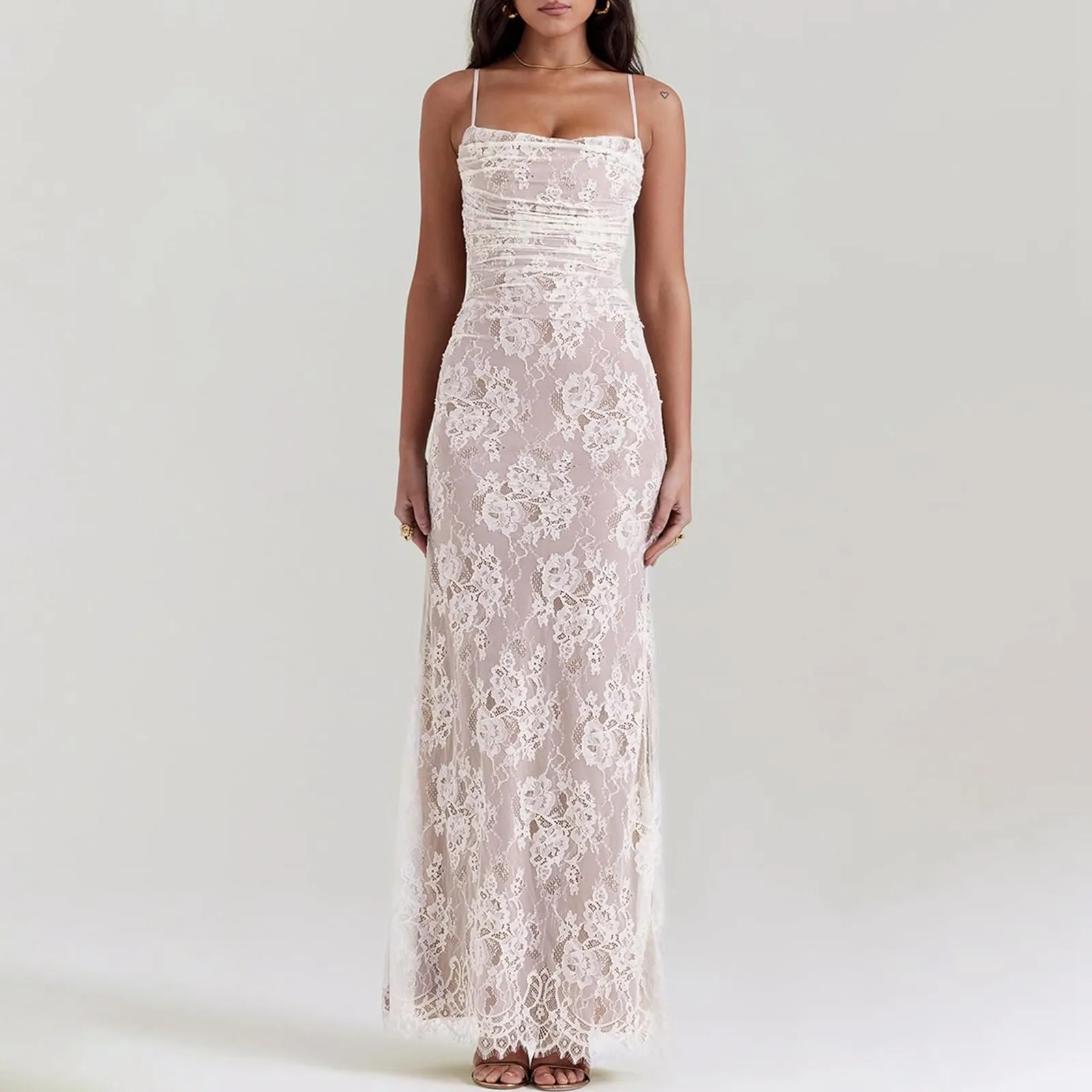 Sexy Square Neck Tie Strap Maxi Dress With Sheer Lace Long Sleeves Crochet Detail & Shawl Elegant Evening Button Front Dresses