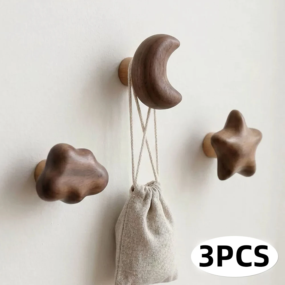  3D Stereo Star Wall Hook Hanger Wooden Cute Decor Hook for Hanging Key Coat Rack Kitchen Self Adhesive Towel Multi-PurposeHook