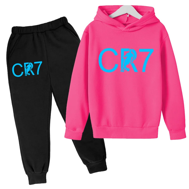 Kids Fall Clothing Hoodie Football CR7 Print Sweatshirt Top+Pants 2P Boys Girls Toddler 3-12Y Athletic Training Coat Casual Suit