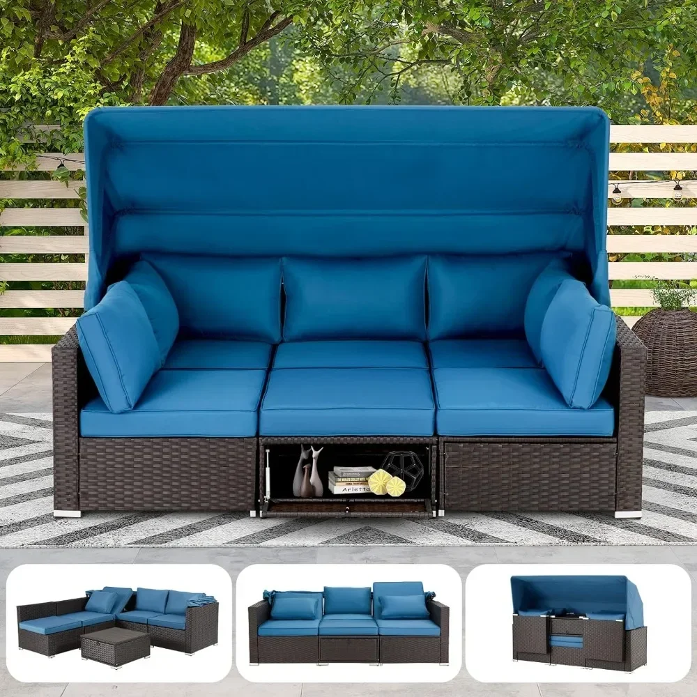 

6 Pieces Patio Furniture Sets, Rattan Daybed with Retractable Canopy, Outdoor Sectional Sofa Set with Adjustable Backrest