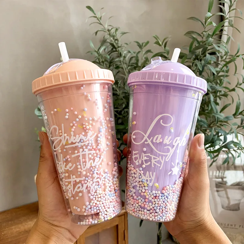 

Korean Version Of The Creative Ice Cup Personality Fashion Foam Double-Layer Slide Plastic Cup Student Couple Straw Water Cup