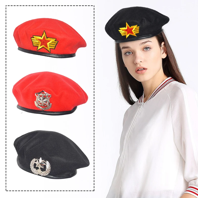 Men Women Wool Felt Berets Metal Badge Decor Sailors Dance Stage Performance Hat Military Fans Army Cap Security Cap Adjustable