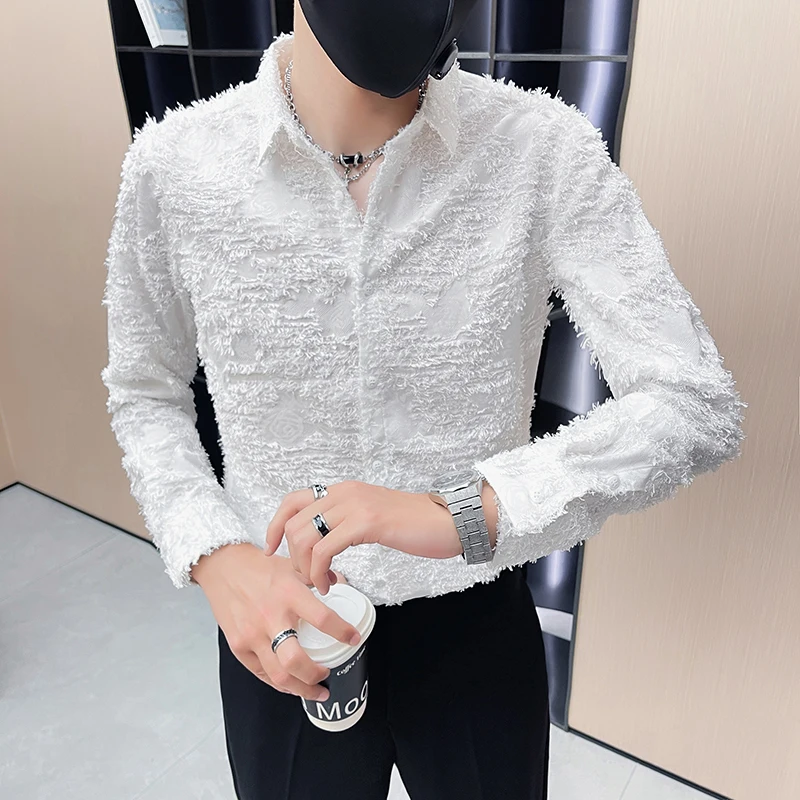 Autumn Quality Tassel Men's Shirts Solid Color Long Sleeved Slim Social Men Dress Shirt Fashion Sexy Party Stage Mens Clothing