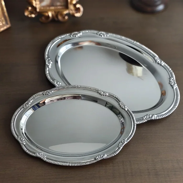Vintage Embossed Stainless Steel Tray Serving Platter For Desserts Jewelry Storage Organizer Snack Plate Dining Table Decoration