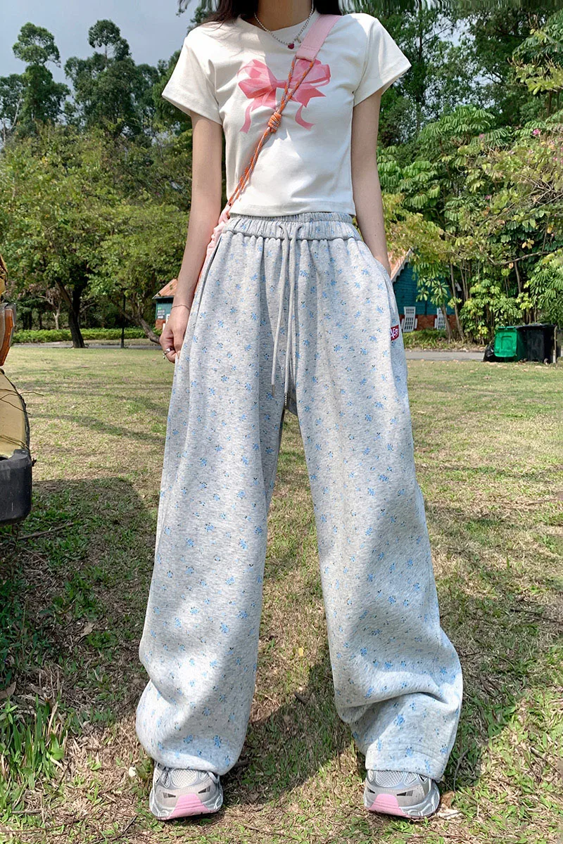 ZMAYC Women's New High Waist Loose Wide Leg Pants Broken Flowers Drawstring Casual Wide Leg Pants All-match Straight Trousers