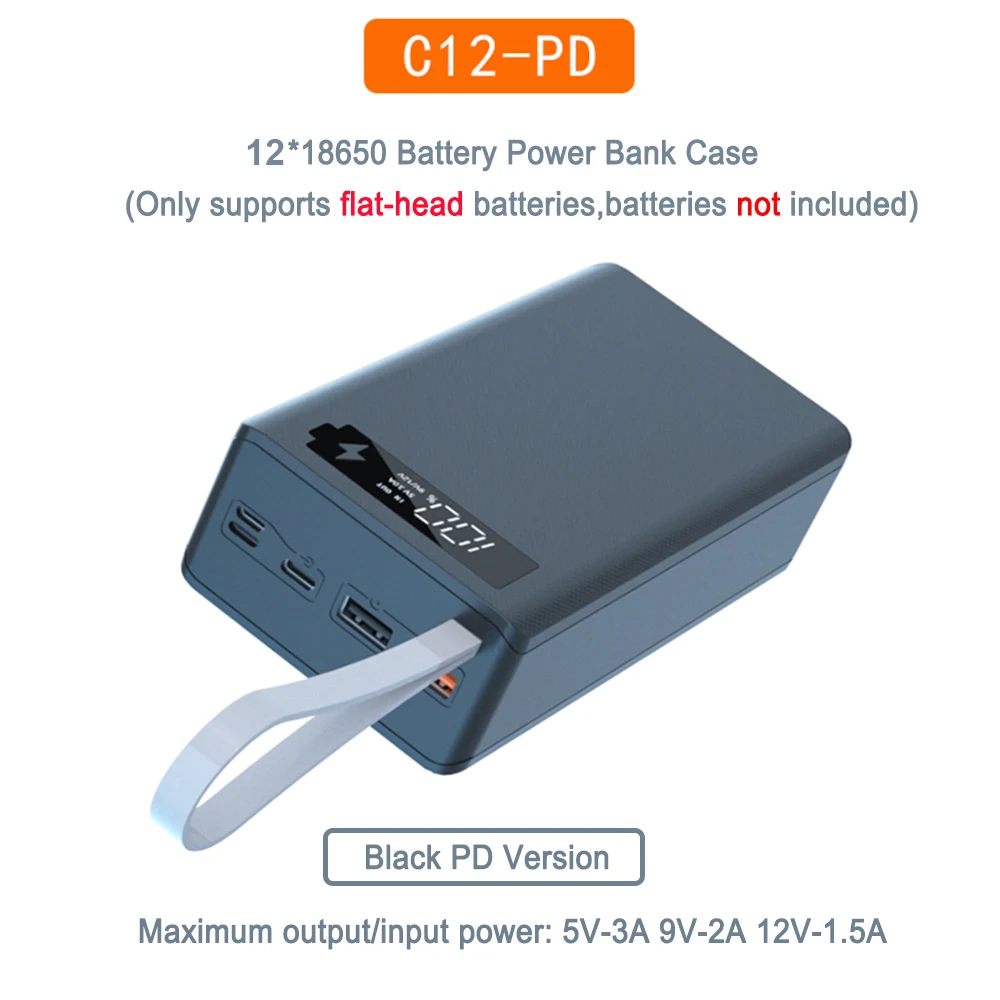 C12 18650 Battery Power Bank Case Charger Box Holder Dual USB LCD Display Support Quick Wireless Charger Battery Shell Storage