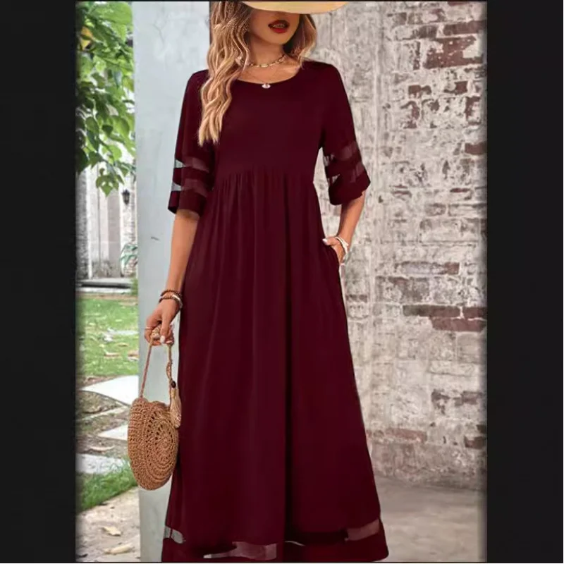 

New Hot-Selling Five-Quarter Sleeve Mesh Patchwork Round Neck Pocket Dress