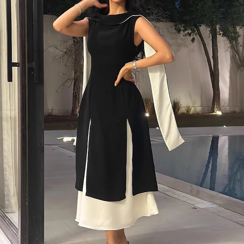 Chic Women Slim Ribbon Evening Dress Spring Summer New Color Blocked Banquet Dress Elegant High Waist O Neck Vintage Long Dress