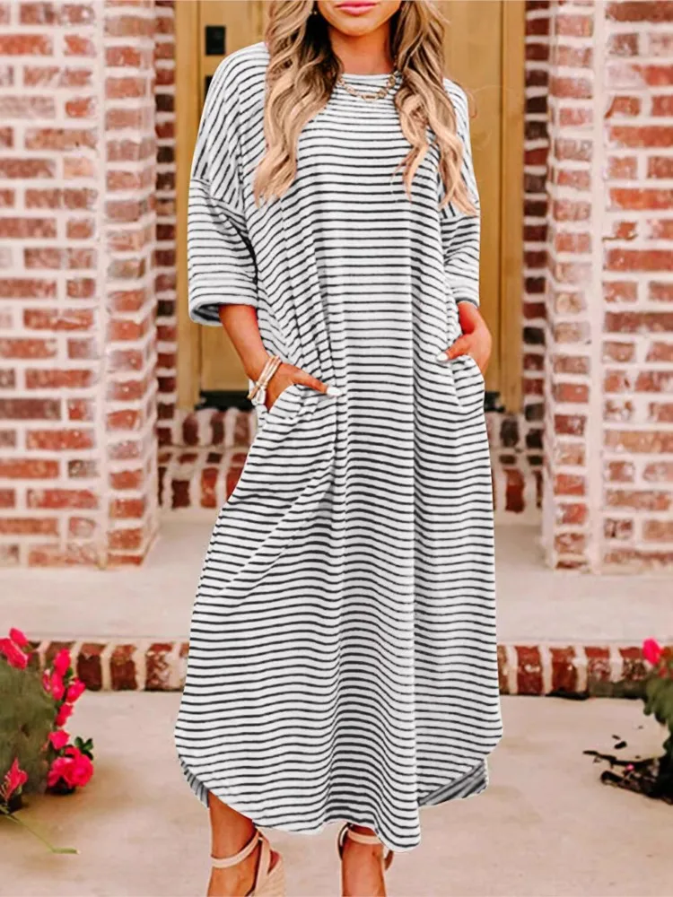 

Striped Dresses For Women 2025 Summer New Fashion Korean Medium Long Short-sleeve Knee-length Loose Tshirt Dresses Casual Office