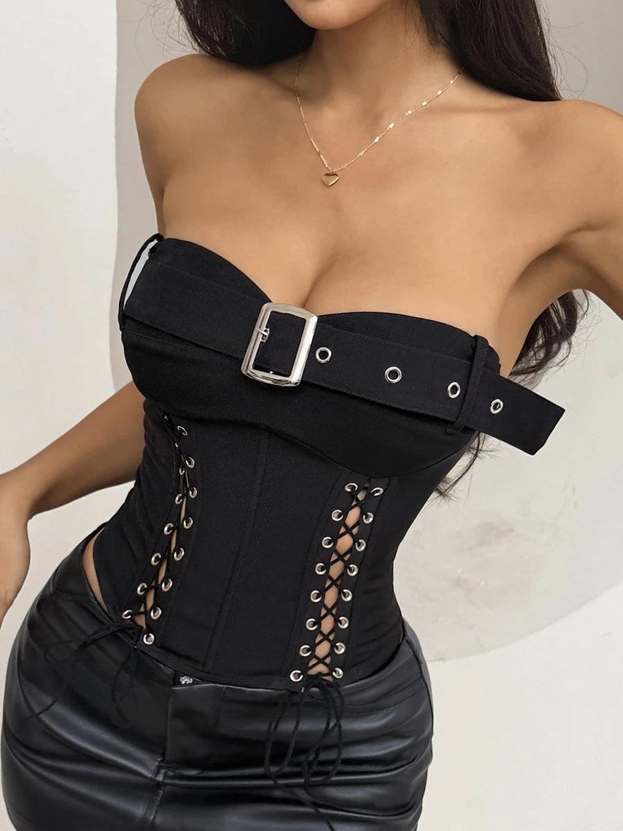 

SsTss Black Strapless Buckle Belt Corset Women Sexy Criss-Cross Lace-Up Boned Bustier Tight Fit Crop Tube Top for Party Night