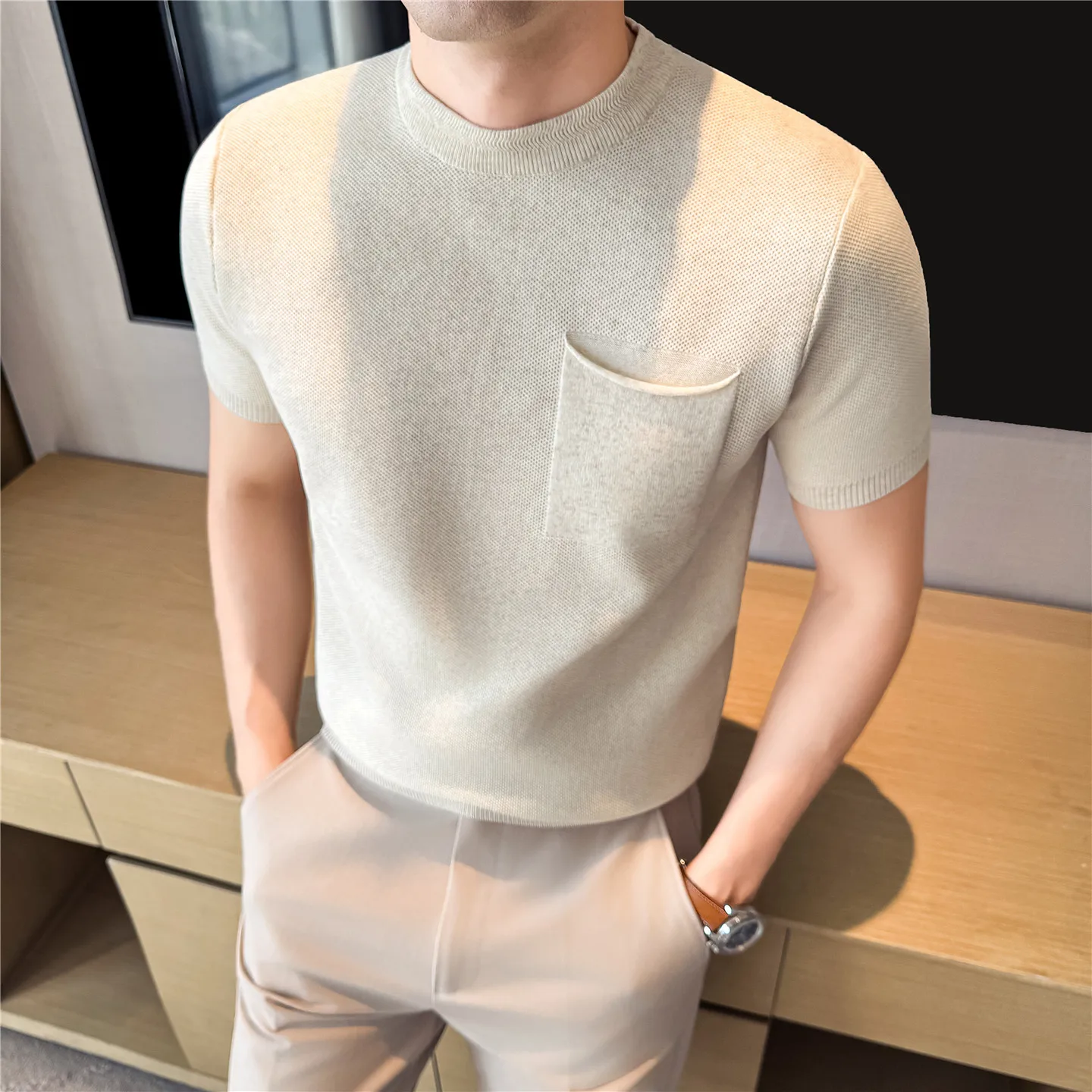 Men's Pocket Detail Knit T-shirt, Crew Neck Breathable Mesh Knit Short Sleeve Top for Smart Casual Summer Daily Wear