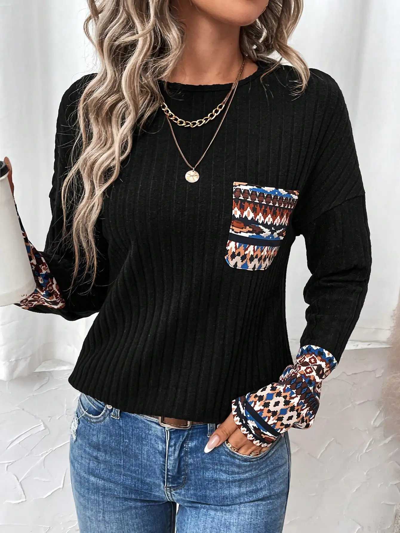 2024 new women\'s T-shirt crewneck long sleeve nine-minute sleeve knitted pocket color contrast casual relaxed elegant women\'s T-