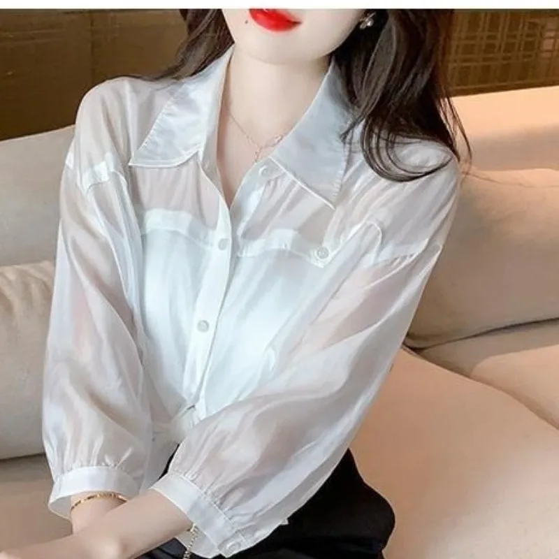 Spring and Autumn Women\'s Solid Color POLO Neck Button Mid Length Loose Sleeve Shirt Fashion Casual Elegant Commuter Tops