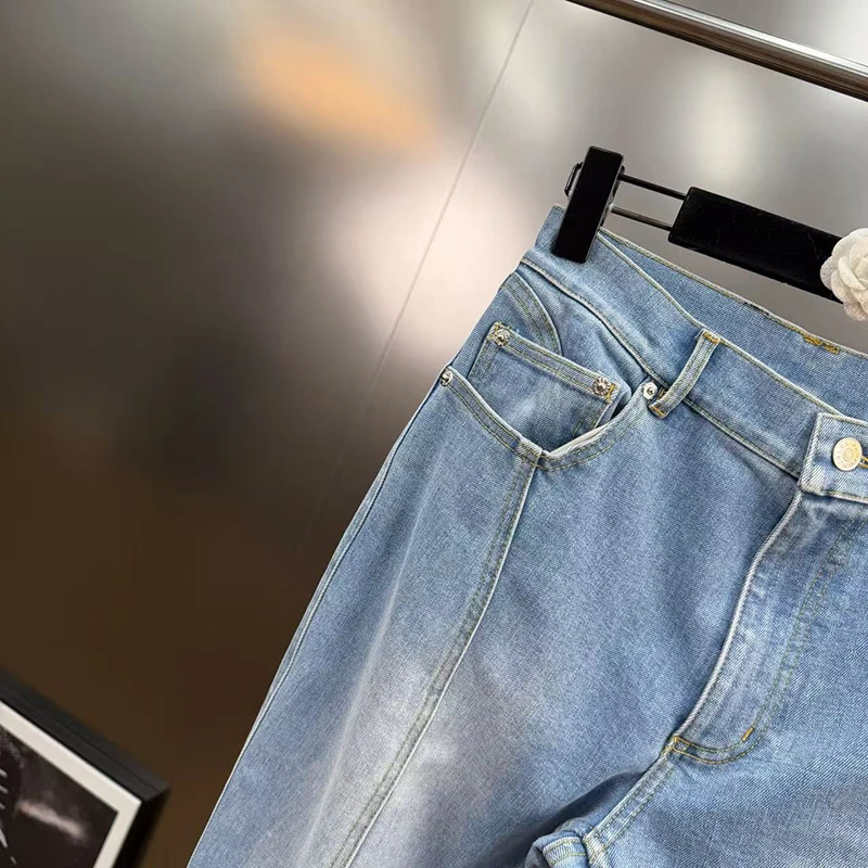 KBQ Lower Fork Iron Ring Installation Slimming Jeans for Women High Waist Temperament Patchwork Pockets Chic Pant Female Style