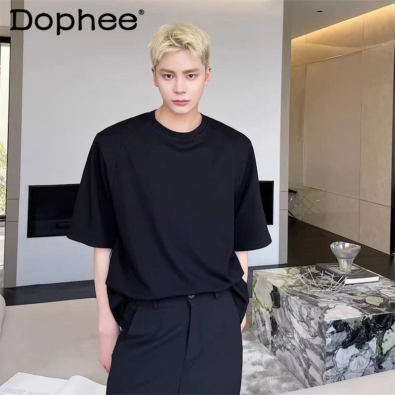 

High-end Shoulder Pads Short-sleeve T-shirts Men 2026 Summer New Solid Color Fashion Versatile Round Neck Tees Trend Base Shirts
