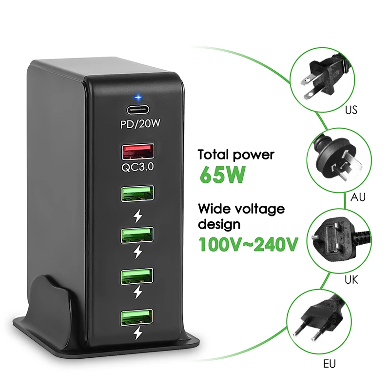 Estación de carga rápida para teléfono, Cargador USB tipo C de 65W, 6 puertos, para iPhone 15, 14, Samsung, Huawei, QC3.0, PD20W