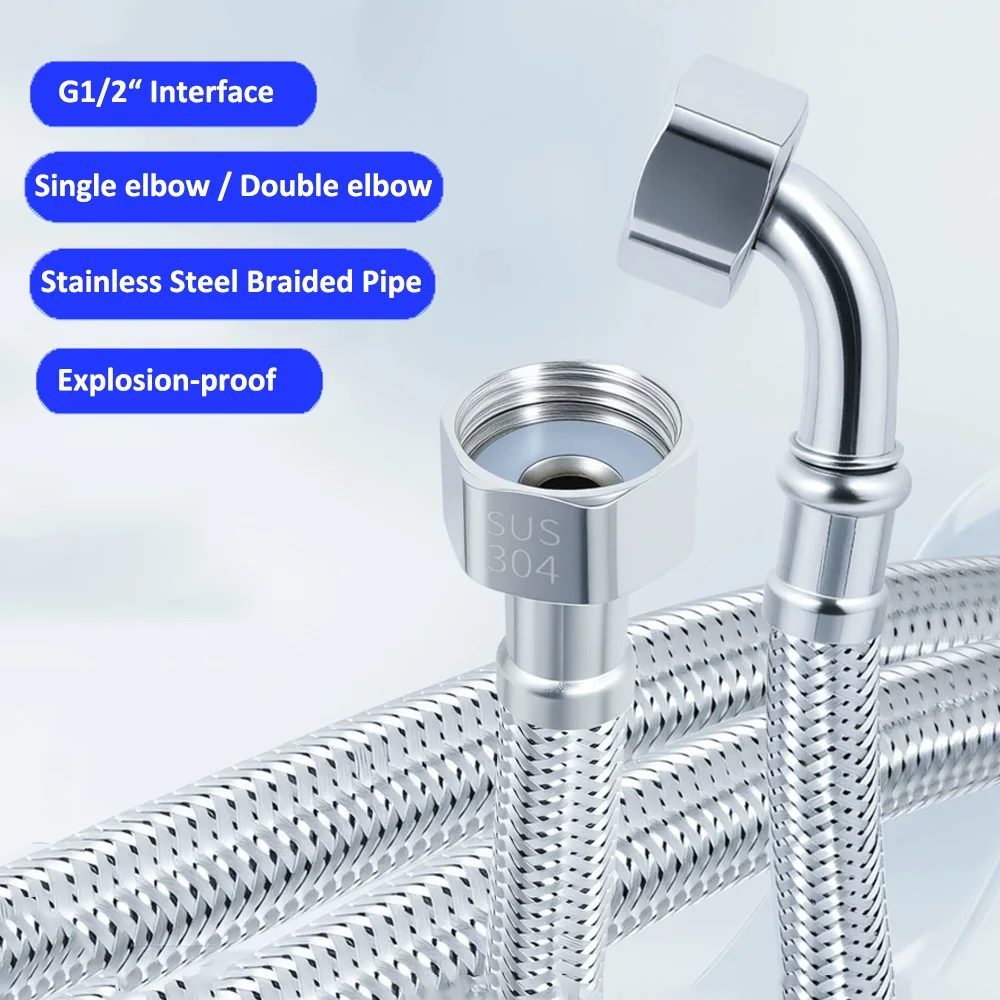 20/40/60/80/100/150/200cm Single/Double Elbow G1/2 SUS Braided Flexible Hose Water Heater Toilet Hot and Cold Water Inlet Pipe