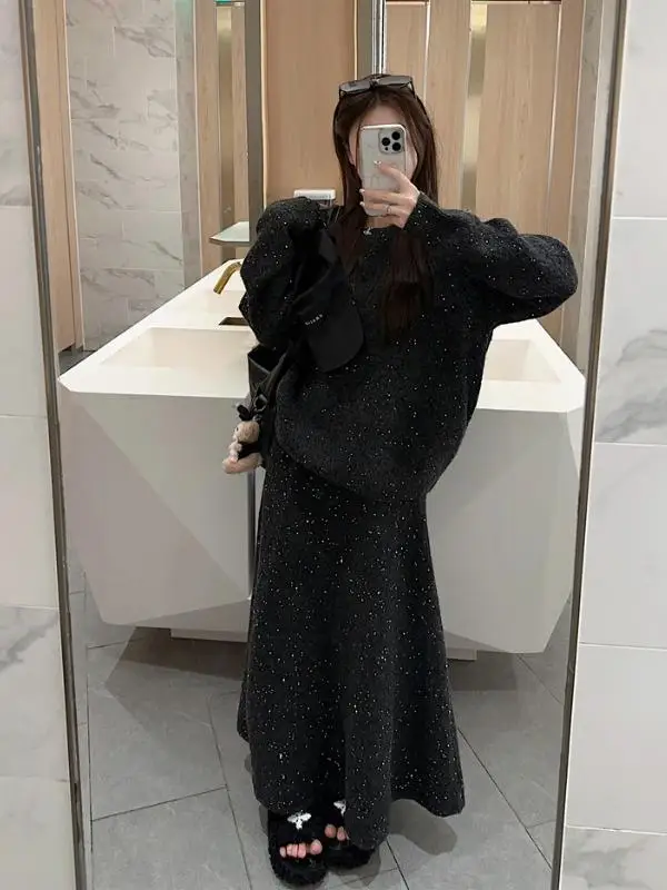 플러스 사이즈 여성용 가을 패션 의상, 이너 스웨터와 피피 테일 스커트 투피스 세트, 한국 스타일 루즈핏 롱 스웨터
