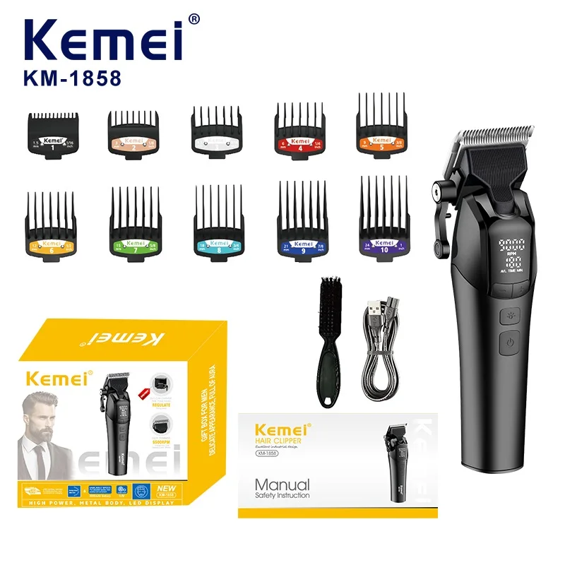 

Профессиональная электрическая машинка для стрижки волос Kemei KM-1858 10W с DLC-лезвием, беспроводная, с зарядкой через USB, перезаряжаемая.