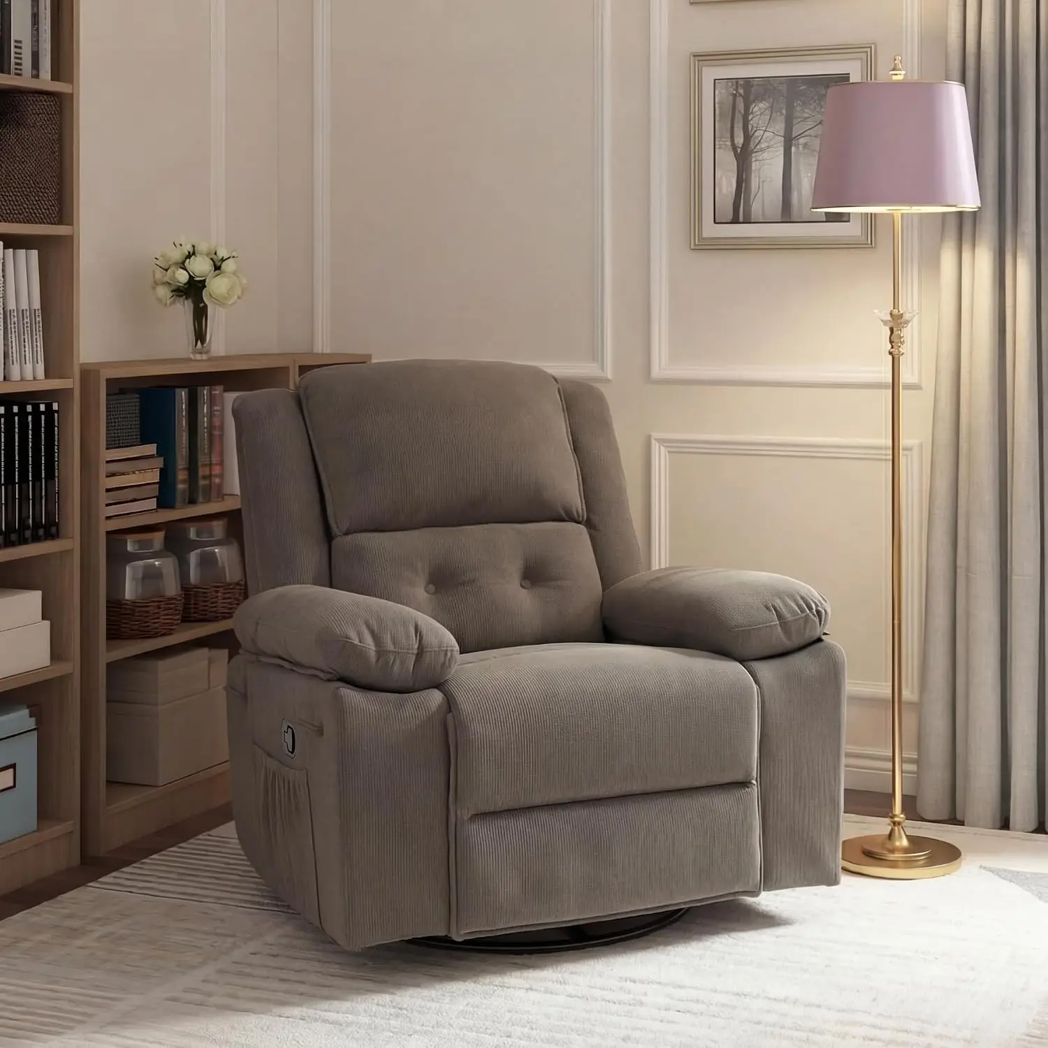 Rocker Recliner w/Massage & Heat, 360° Swivel Glider, USB Port & Side Pocket, Compact Living Room Sofa, Customized