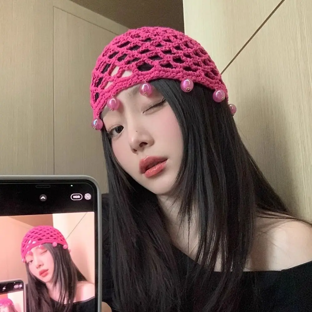 

Round Beads Crochet Hollow Tassels Knitted Hat Bohemian Style Cap Knit Beanies Thin Hollow Out Ethnic Style Hat