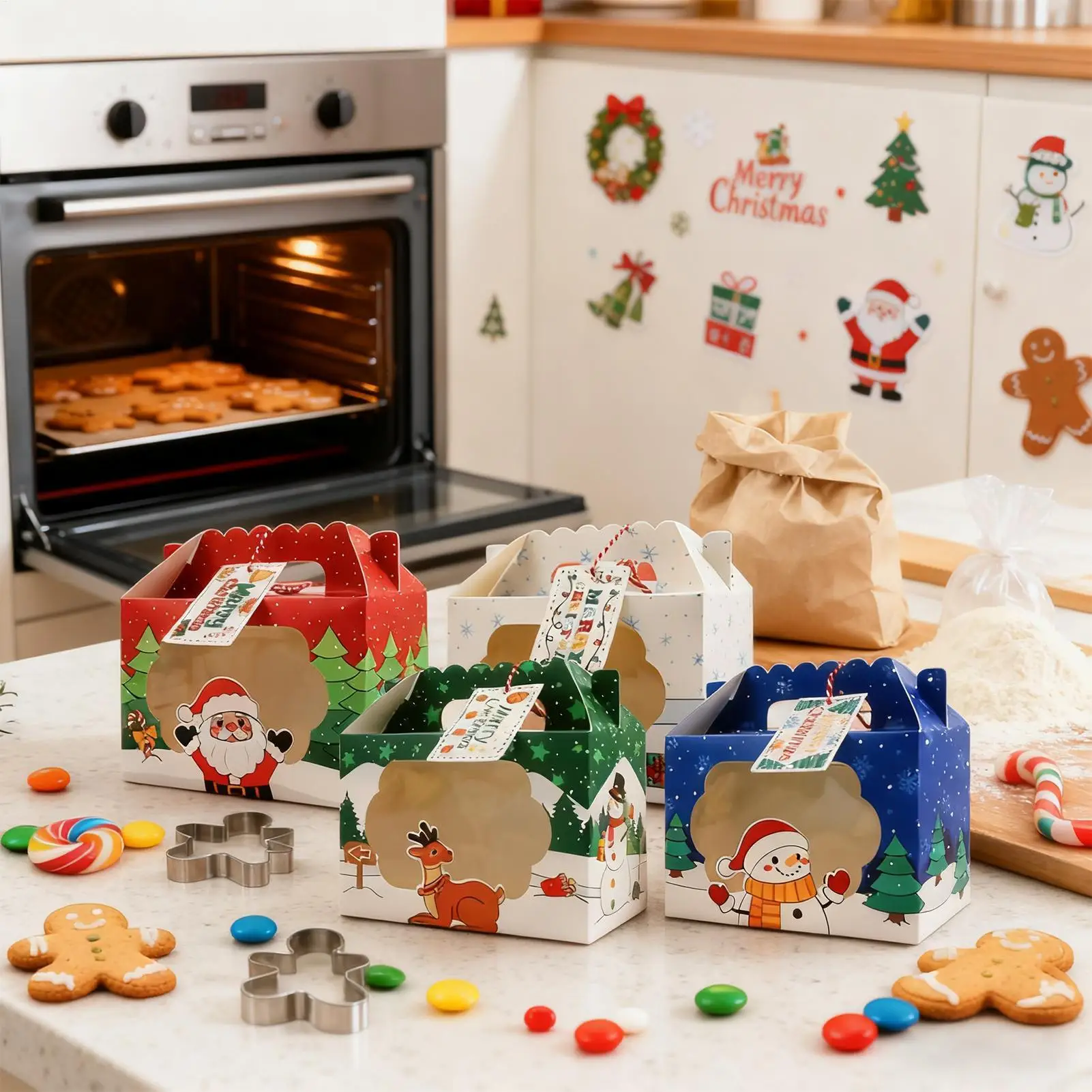 

Рождественские коробки для конфет, 24 шт., многоразовые контейнеры для хранения, рождественская коробка для пекарни с окном для выпечки, печенья, еды