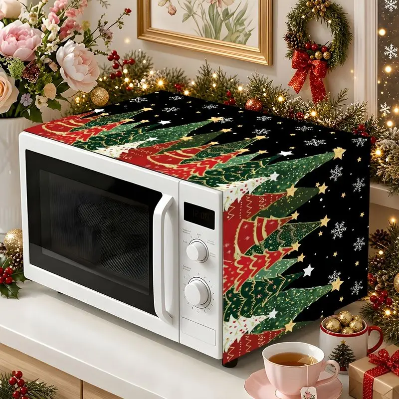 VIKAMA Christmas Tree Microwave Oven Dust Cover Watercolor Star Snowflake Black Oil Proof Kitchen Appliance Protector Xmas Decor