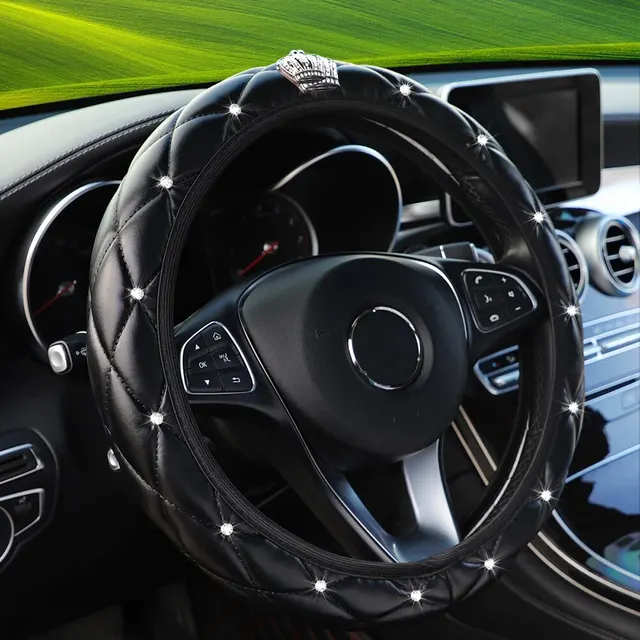 Pokrowiec na kierownicę ze sztucznej skóry owczej z nadrukiem Stereo Diamond-encrusted Crown Car bez wewnętrznego pierścienia na kierownicę 14,5-15 cali