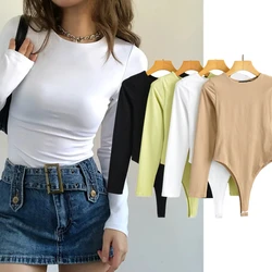 Maxdutti Ins Fashion Blogger High Street Retro O-neck Sheath Long Sleeve Elastic Solid Sexy Bodysuits Women Tops